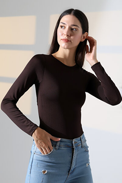 Endies Crew Neck Long Sleeve Women's Tank Top T-Shirt with Six Panties and Snap Fastener 21941 Brown