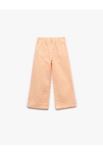 Koton Cotton Embroidered High Waist Wide Leg Trousers