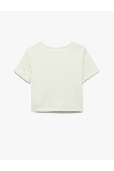 Koton Cat Printed Short Sleeve Crew Neck Cotton Crop T-Shirt