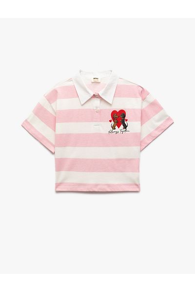 Koton Cotton Striped Short Sleeve Shirt Collar Buttoned Dog Embroidered Crop T-Shirt
