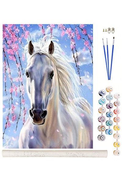 zola Set pictura pe numere copii si adulti, cal alb sub flori de cires, panza 40x50 cm, accesorii incluse