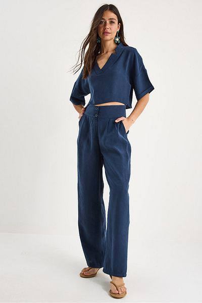 Bianco Lucci Bluză de damă cu decolteu în V cu pantaloni cu talie înaltă Costum modal de jos-sus 9330 60281052