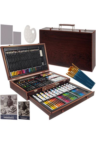 zola Set pictat si desen, gentuta depozitare din lemn, 2 blocuri de desen, 128 piese, 23.5 x 38 x 8 cm