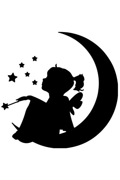 StoryGift Romania Sticker Exterior cu o fetita zana - sta pe semiluna stelute bagheta , Vinyl Negru, 50 cm