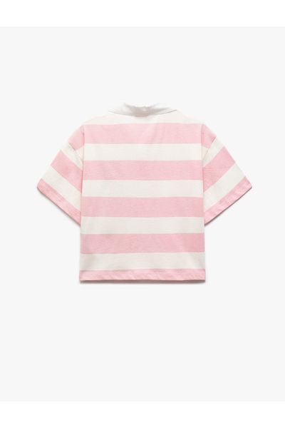 Koton Cotton Striped Short Sleeve Shirt Collar Buttoned Dog Embroidered Crop T-Shirt