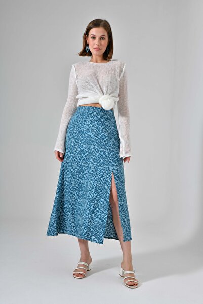Saade Petrol Colored Slit Woven Skirt