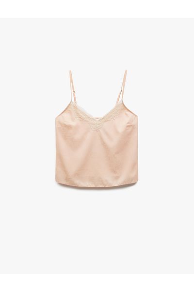 Koton Lace Detailed V-Neck Satin Thin Strap Pajama Top