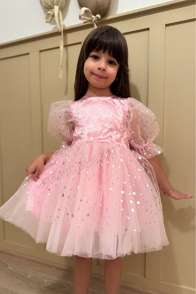 penu baby kids Pink Star Patterned Bow Short Balloon Sleeve Girl's Baby Girl Dress - Star