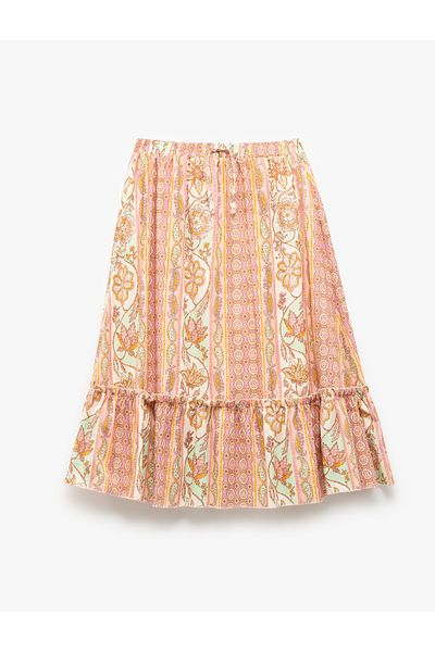 Koton Cotton Patterned Midi Skirt with Fold Detail