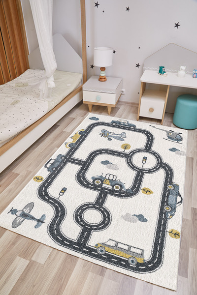 Viviana Home Kids Trafik Yolu Temalı Beyaz Füme Çocuk Odası Halısı Yumuşak An...