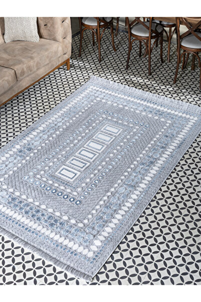 Viviana Home Broadway Iskandinav Salon Halısı Mutfak Halısı Yolluk Bukle Dokuma Halı Geometrik Beyaz Mavi Dekor