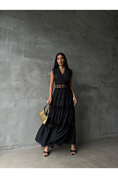 NEW JOURNAL Rochie neagră pentru femei, cu detaliu din țesătură Soft Touch Pr...