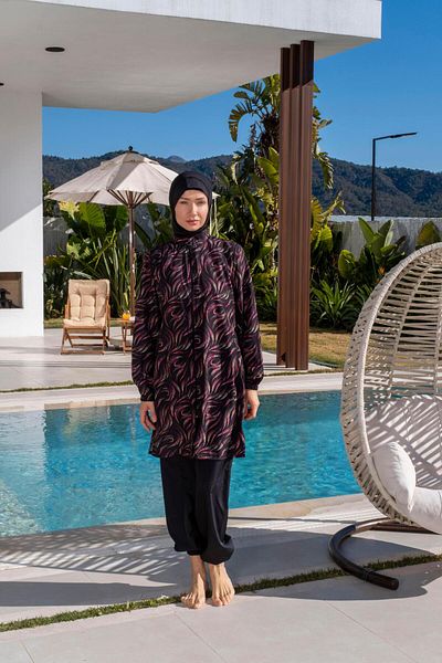 Mayom Quick Dry Parachute Fabric Patterned Hijab Swimsuit - 2539