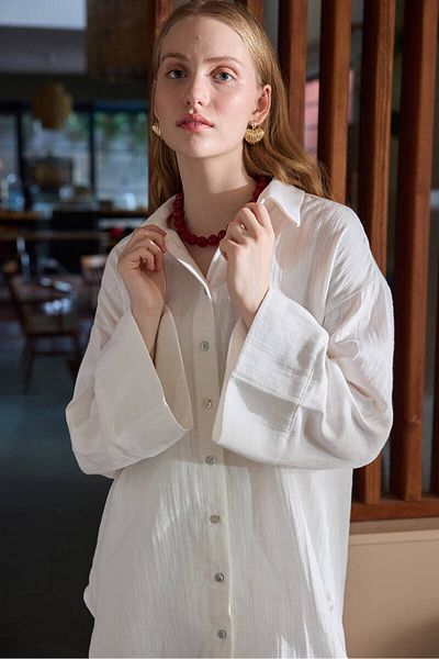 BE BLUE Cămașă albă din muselină cu mâneci kimono