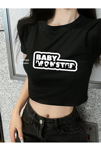 Minga London Negru alb-negru Baby M ⭐️ Bluză crop cu imprimeu scris al grupului coreean nster -Ghostella