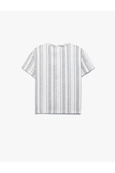 Koton Linen and Viscose Blended Short Sleeve Crew Neck Striped Shirt