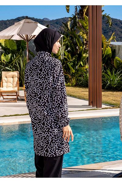Mayom Quick Dry Parachute Fabric Patterned Hijab Swimsuit - 2536