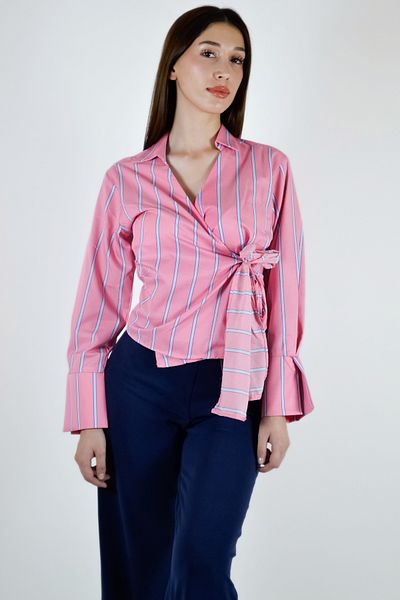 Qu Style Thick Striped Double Breasted Shirt Blouse with Tie Front Detail Pink Blue