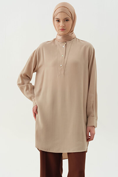 Tuğba Yarım Patlı Asimetrik Tunik - Bej