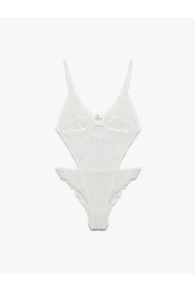 Koton Stoned V-Neck Lace Bodysuit with Window Detail