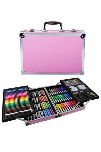 zola Set pictat si desen 145 piese, gentuta tip geamantan cu maner, roz, 34x23x9 cm, depozitare practica
