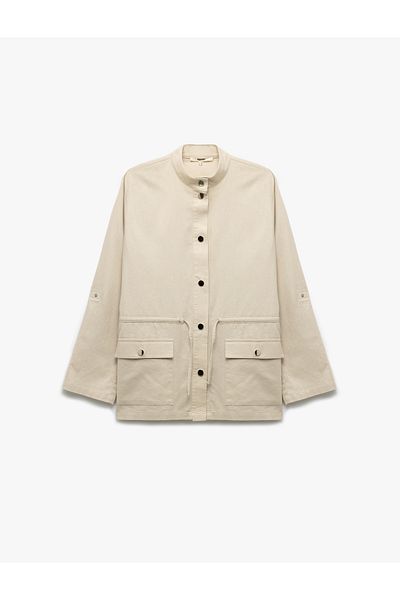 Koton Long Sleeve Flap Pocket Detailed Stand Collar Linen Jacket