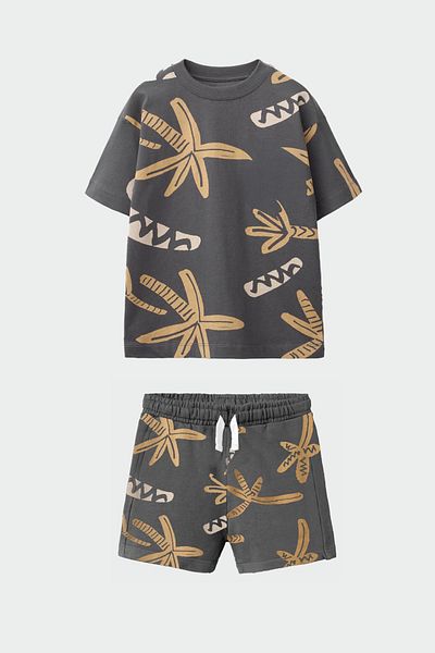 Monila Boy's Palm Tree Patterned Cotton Tshirt Shorts Top and Bottom Set