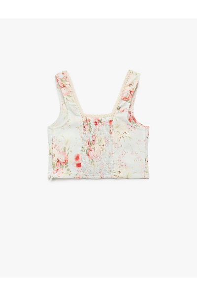 Koton Square Neck Viscose and Linen Blended Gimped Floral Crop Blouse