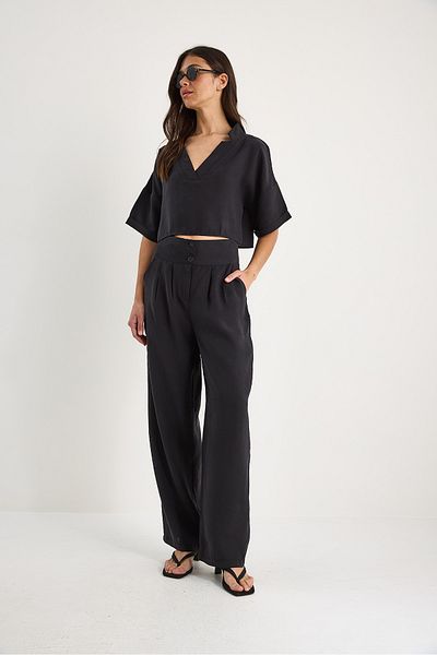 Bianco Lucci Women V-Neck Blouse with High Waist Pants Modal Bottom-Top Suit 9330 60281052