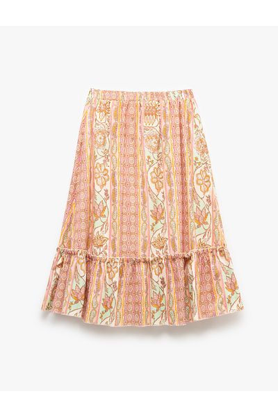 Koton Cotton Patterned Midi Skirt with Fold Detail