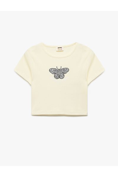 Koton Butterfly Printed Short Sleeve Crew Neck Cotton Crop T-Shirt