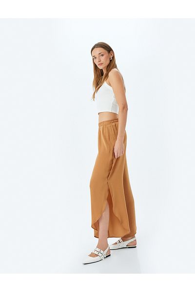 Koton Comfortable Fit Asymmetrical Aerobin Satin Trousers with Slits on the Sides