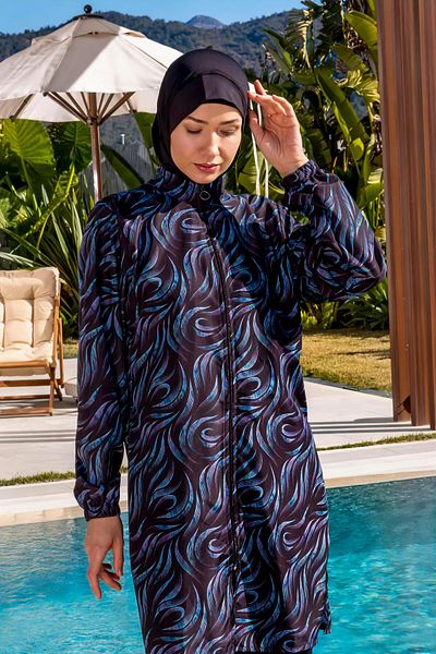 Mayom Quick Dry Parachute Fabric Patterned Hijab Swimsuit - 2537