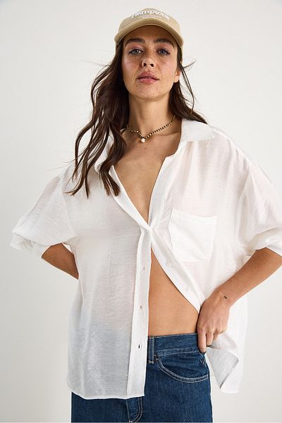 Bianco Lucci Cămașă supradimensionată din organza de bumbac, cu un singur buzunar, cu decolteu în V 34296-2 60283291