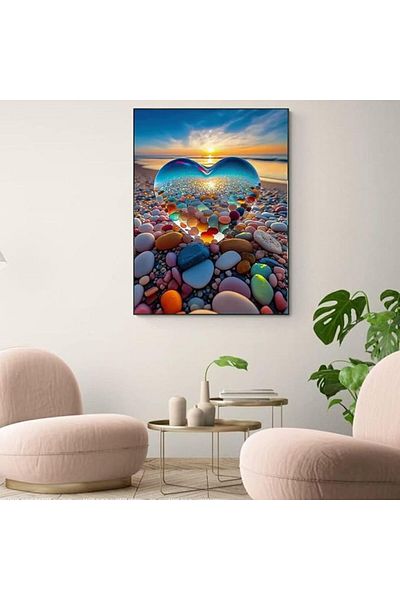zola Set pictura pe numere copii si adulti, inima pe plaja din pietre colorate, panza 40x50 cm, accesorii