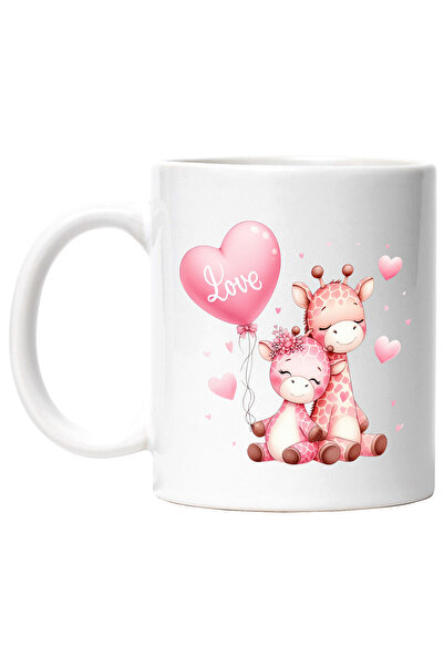 StoryGift Romania Cana cu 2 girafe, ilustratie, apropiate, prietenie, iubire, balon, inimioare, Va, Cu Maner Alb