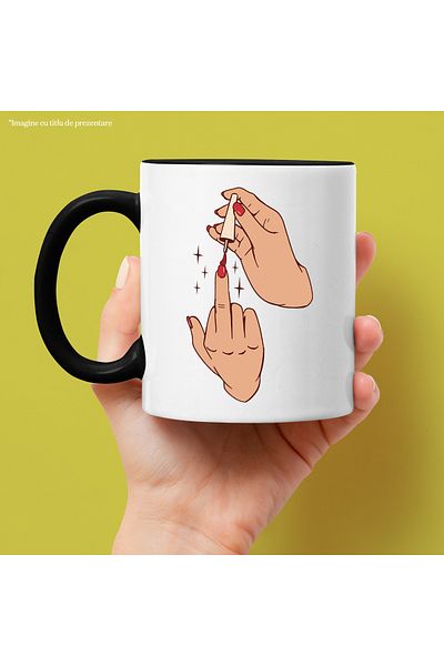 StoryGift Romania Cana Cu Mana, Oja, Stele, Unghii, Deget, Pensula, Multicolor 330 ml, Ceramica cu, Cu Maner Negru
