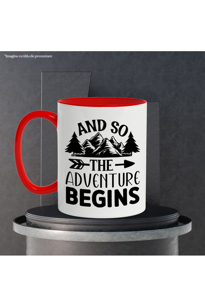 StoryGift Romania Mug with mountain landscape and the text "And so the adventure begins" - trip,