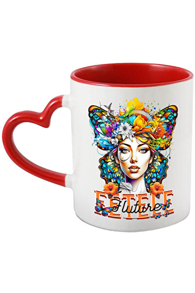 StoryGift Romania Cana Fetele Fluture , 330ml, Ceramica cu Maner Inima Rosie,...