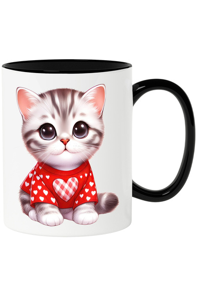 StoryGift Romania Cana cu o pisicuta care poarta o bluza cu inimioare | ilustratie | apreciere | r, Cu Maner Negru