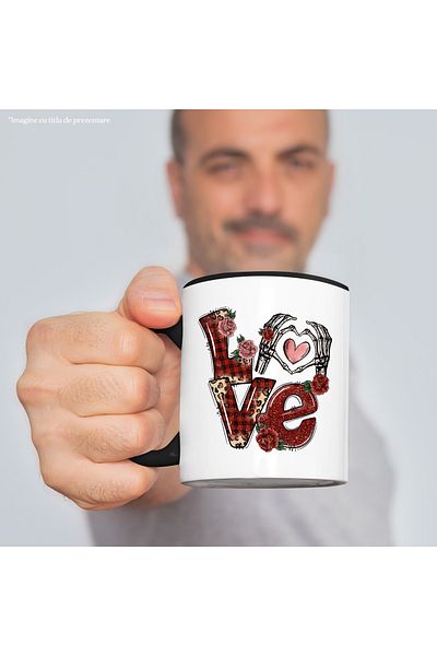 StoryGift Romania Mug with the message "Love", skeleton hands forming a heart with their fingers, tran, Cu,STG