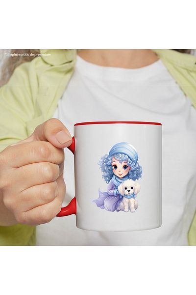 StoryGift Romania Mug with a cute little girl who has a white puppy | illustration | cold | snow | i, With ,STG