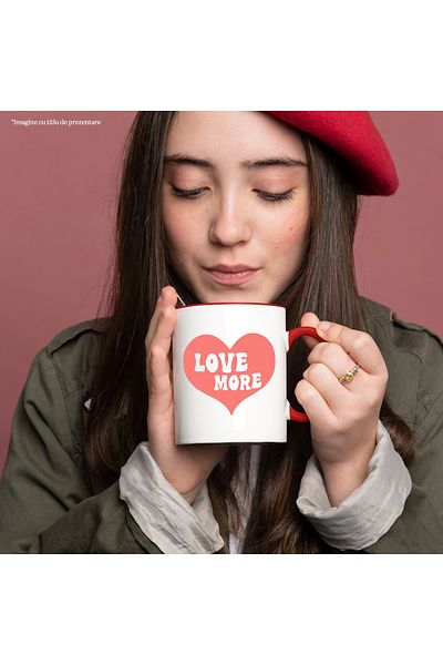 StoryGift Romania Mug with a heart that says "Love more" - love more with Red Handle, With Handle, STG