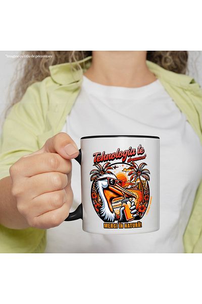 StoryGift Romania Mug Technology Stresses You Out_ Go to Nature Pelican, 330ml, Ceramic with Handle, With, STG.