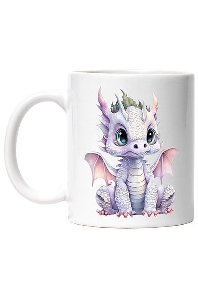 StoryGift Romania Cana cu un pui de dragon alb | ilustratie | serios | aripi deschise | copilarie , Cu Maner Alb