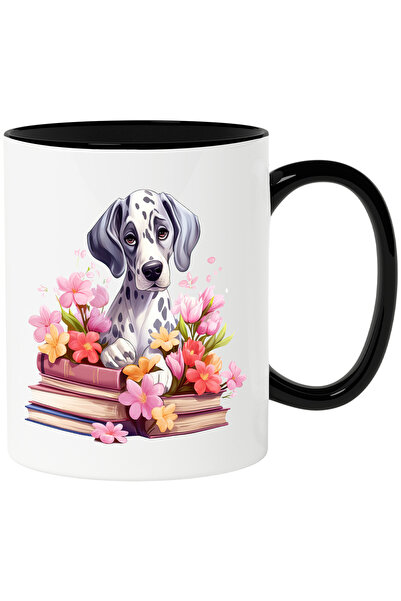 StoryGift Romania Cana cu un caine serios care are niste teancuri cu carti in...