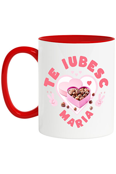 StoryGift Romania Cana cu Cutie De Bomboane Dulciuri Dragoste Forma Inima ciocolata text Te Iubesc, Cu Maner Rosu