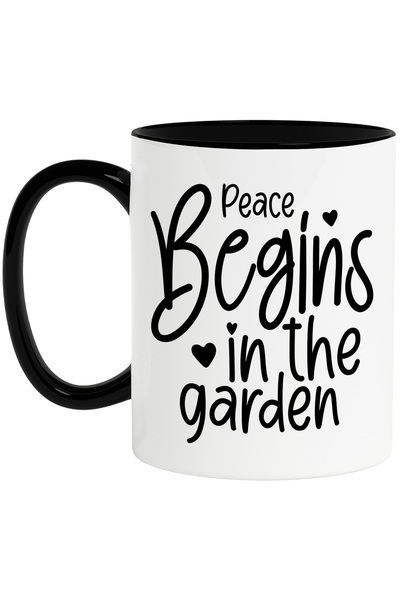 StoryGift Romania Cana cu mesajul in engleza "Peace begins in the garden" - pacea incepe in gradin, Cu Maner Negru