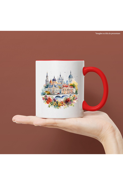 StoryGift Romania Cana cu un peisaj dintr-un oras, ilustratie, flori, atmosfera urbana, cladiri in, Cu Maner Rosu