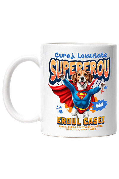 StoryGift Romania Cana cu beagle Caine In Costum de SuperMan cu Pelerina, Erou Nocturn, Desene ani, Cu Maner Alb